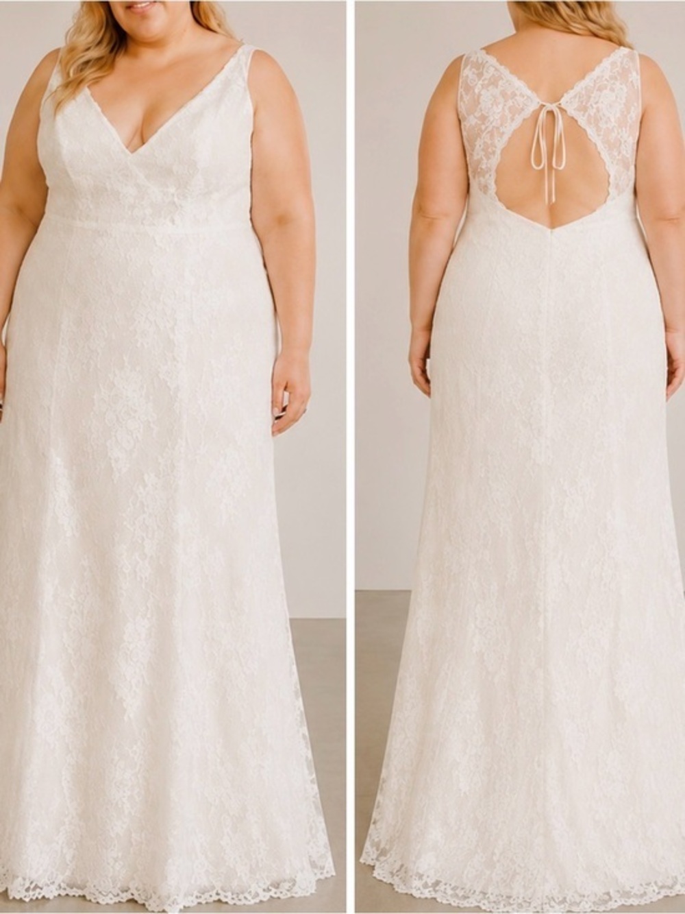 Galina Ivory Lace Wedding Plus Size V-Neck Cottagecore Bridal Maxi Dress Gown